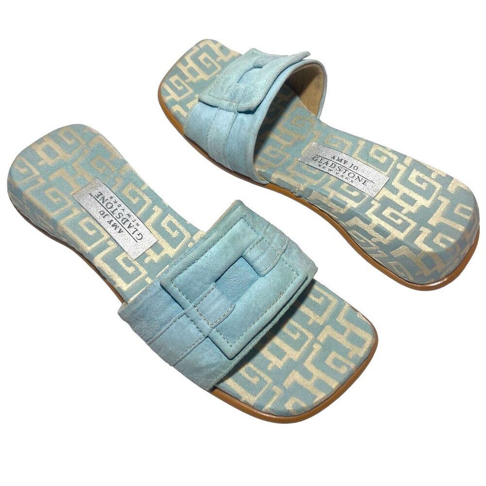 Amy Jo Gladstone Women's Flat Sandals Slides Light Blue Suede Size 7 38 Slip On